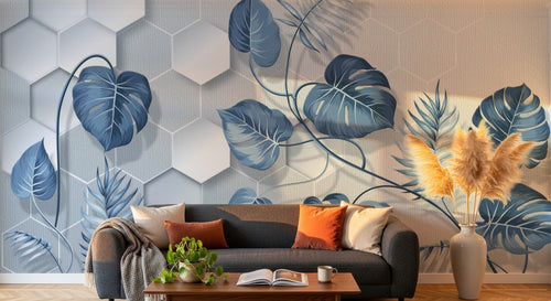 Design SL0333 — Papier peint Monstera bleue hexagones fond blanc — Novomur