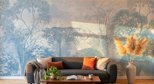 Design SL0339 — Papier peint Foret gravure bleu vintage botanique — Novomur