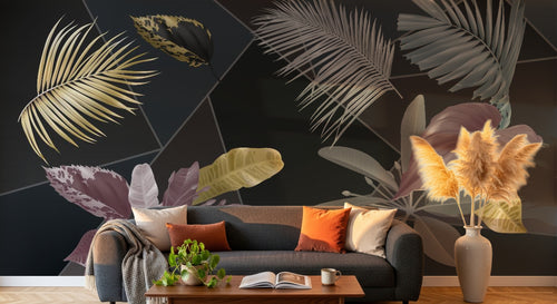 Design SL0341 — Papier peint Feuilles tropicales colorees fond noir geometrique — Novomur
