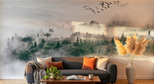 Design SL0356 — Papier peint Foret brumeuse vue aerienne oiseaux — Novomur