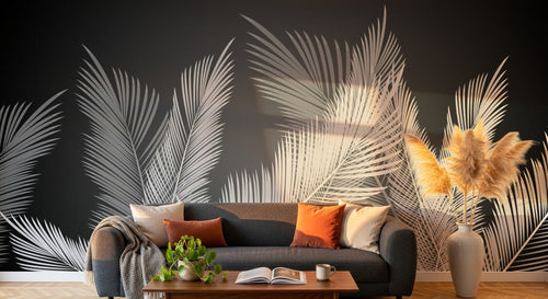Design SL0386 — Papier peint Palmes blanches fond gris fonce contraste — Novomur