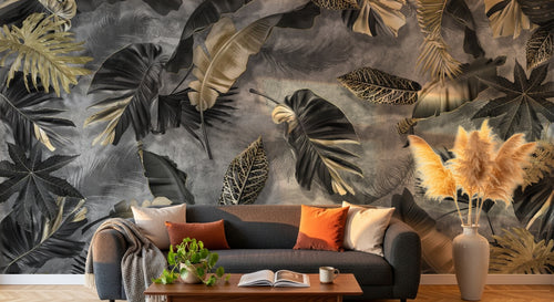 Design SL0452 — Papier peint Feuilles tropicales noir or fond gris luxe — Novomur
