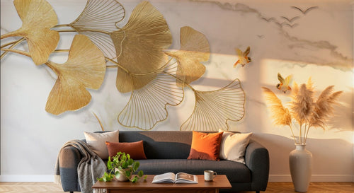 Design SL0477 — Papier peint Ginkgo dore oiseaux fond marbre — Novomur