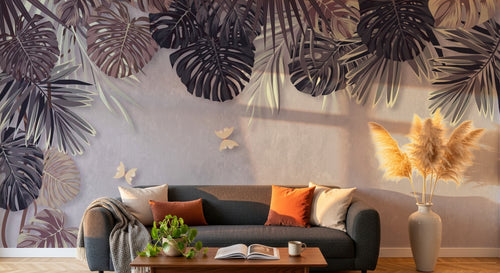 Design SL0480 — Papier peint Feuilles tropicales sepia marron papillons dores — Novomur