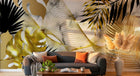 Design SL0481 — Papier peint Feuilles tropicales noir or marbre lignes — Novomur