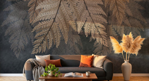 Design SL0583 — Papier peint Fougeres dorees fond gris brumeux luxe — Novomur
