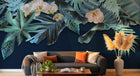 Design SL0610 — Papier peint Palmes monstera bleues orchidees fond marine — Novomur