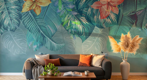 Design SL0813 — Papier peint Feuilles tropicales hibiscus aquarelle bleu — Novomur
