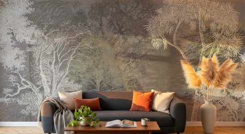 Design SL0829 — Papier peint Foret arbres gravure blanc fond taupe — Novomur