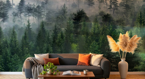 Design SL0835 — Papier peint Foret pins brumeuse photo realiste — Novomur