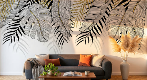 Design SL0842 — Papier peint Feuilles tropicales noir or fond blanc — Novomur