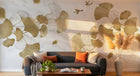 Design SL0848 — Papier peint Ginkgo dores oiseaux fond marbre — Novomur