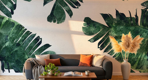 Design ZX0199 — Papier peint Bananier vert sombre fond blanc — Novomur
