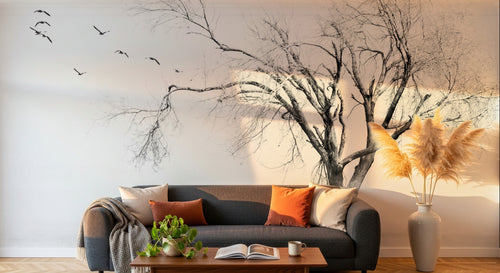 Design ZX0234 — Papier peint Arbre solitaire oiseaux hiver brume — Novomur