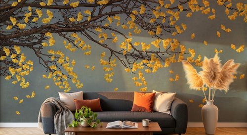 Design ZX0253 — Papier peint Ginkgo jaune branche fond bleu gris — Novomur