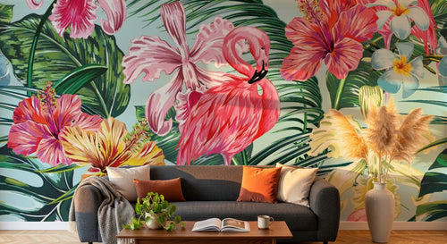 Design ZX0534 — Papier peint Jungle flamants hibiscus pop bleu — Novomur