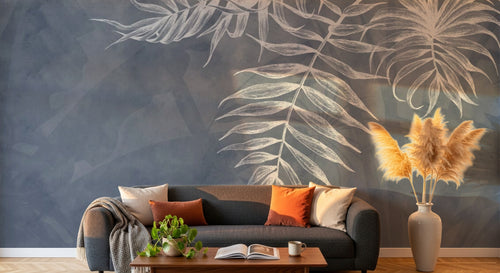 Design ZX0545 — Papier peint Palmes blanches fond gris bleu sombre — Novomur