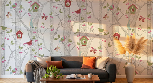 Design ZX0632 — Papier peint Arbres maisonnettes oiseaux baies enfant — Novomur