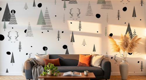 Design ZX0761 — Papier peint Sapins bois cerf scandinave enfant — Novomur