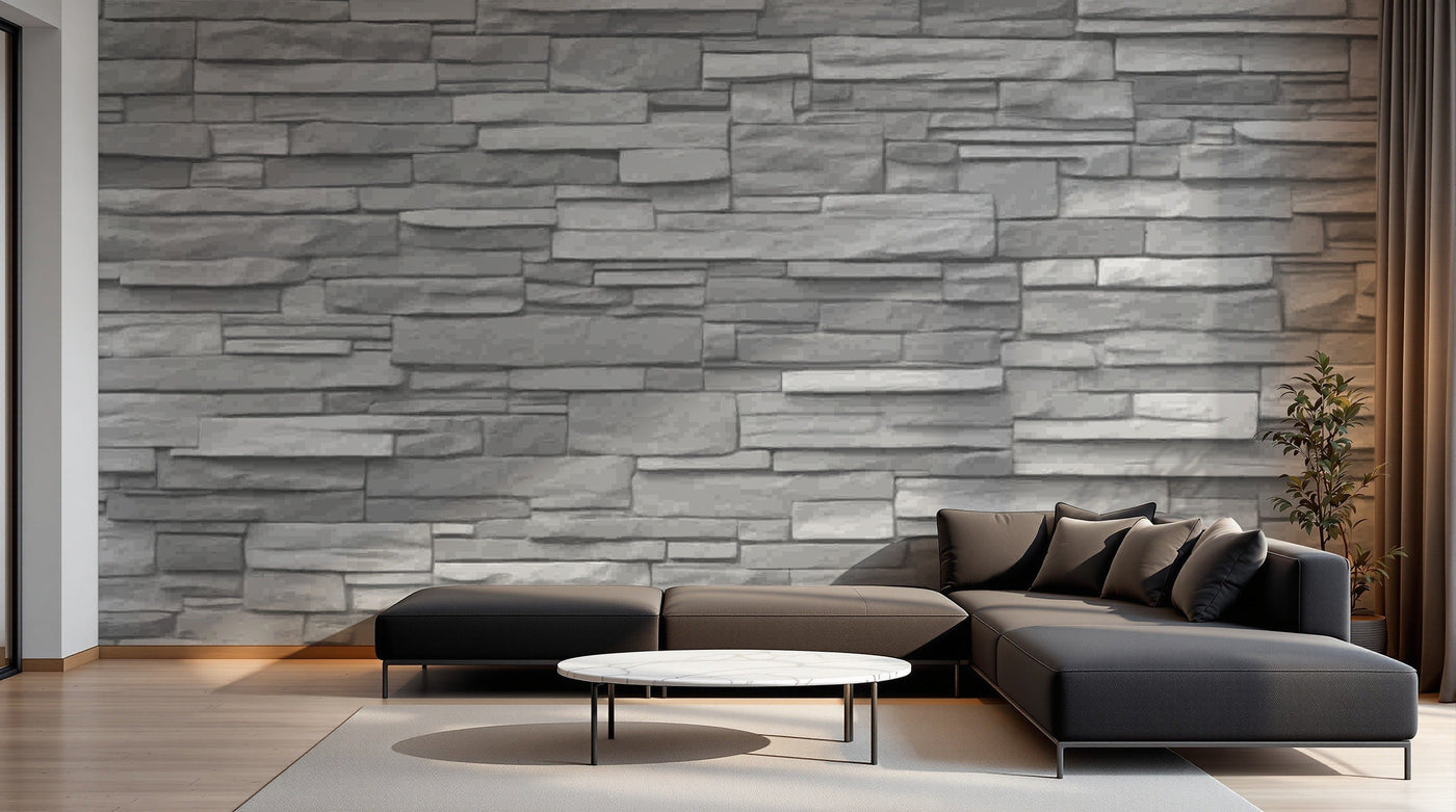 Papier peint Texture Pierre et Béton D0997B en situation — Mur pierres grises empilées horizontal — Design D0997B