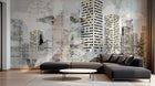 Design SL0022 — Papier peint Gratte-ciel street art jaune fond gris — Novomur