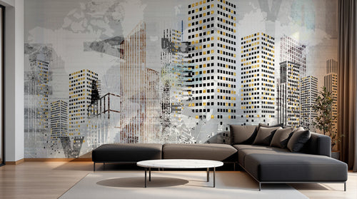 Design SL0022 — Papier peint Gratte-ciel street art jaune fond gris — Novomur