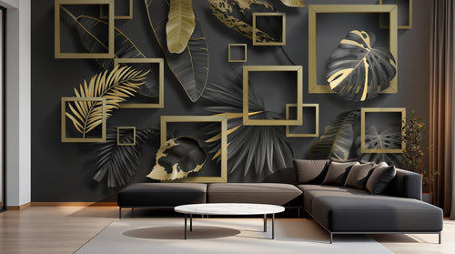 Design SL0154 — Papier peint Cadres dores feuilles tropicales noir or — Novomur