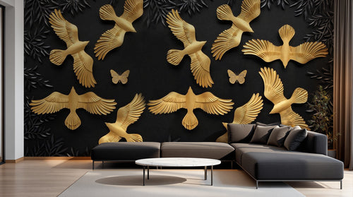 Design SL0194 — Papier peint Oiseaux dores relief fond noir feuillage — Novomur