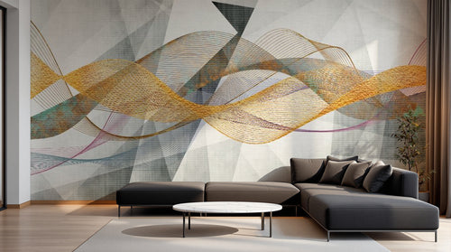 Design SL0230 — Papier peint Vagues dorees orange fond gris geometrique — Novomur
