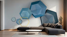Design SL0266 — Papier peint Hexagones 3D bleu fond gris dore — Novomur