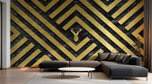 Design SL0270 — Papier peint Losanges or noir tete cerf doree — Novomur