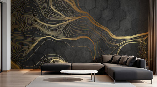 Design SL0336 — Papier peint Lignes ondulantes dorees fond hexagones noir — Novomur