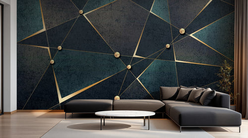 Design SL0353 — Papier peint Triangles dores perles fond bleu grunge — Novomur