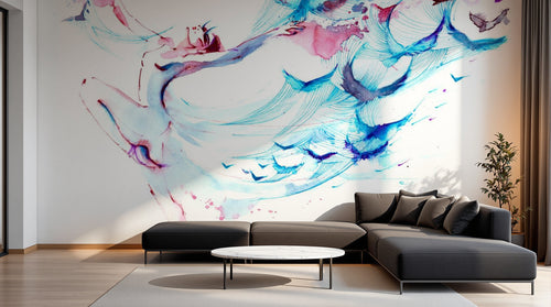 Design SL0368 — Papier peint Cygne bleu rose papillons abstrait — Novomur