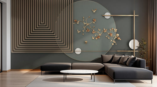 Design SL0516 — Papier peint Rectangles cercles dores papillons fond gris — Novomur