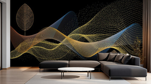 Design SL0586 — Papier peint Vagues pointillees dorees fond noir feuilles — Novomur