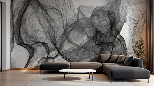 Design SL0695 — Papier peint Voiles noirs translucides fond blanc — Novomur