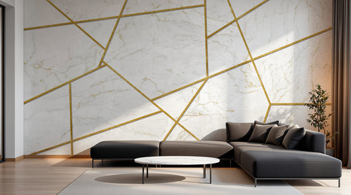 Design SL0699 — Papier peint Marbre blanc lignes dorees geometrique — Novomur