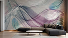 Design SL0733 — Papier peint Vagues fluides plumes bleu violet rose — Novomur