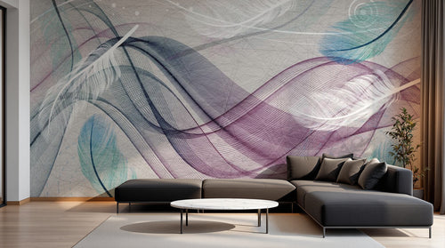 Design SL0733 — Papier peint Vagues fluides plumes bleu violet rose — Novomur