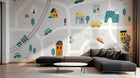 Design SL0771 — Papier peint Carte ville stylisee voitures train enfant — Novomur