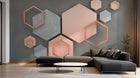 Design ZX0483 — Papier peint Hexagones 3D rose marbre fond gris — Novomur