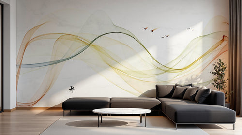 Design ZX0489 — Papier peint Vagues fluides multicolores oiseaux marbre — Novomur