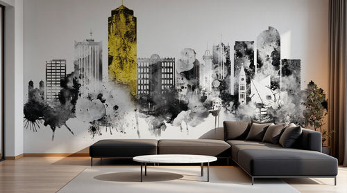 Design ZX0501 — Papier peint Skyline aquarelle eclaboussures noir jaune — Novomur