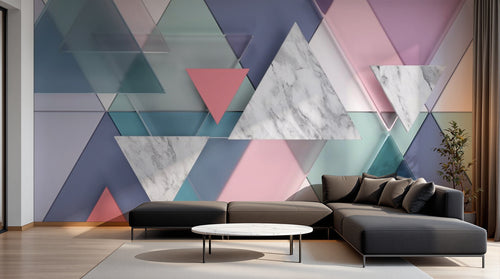 Design ZX0517 — Papier peint Triangles marbre rose bleu pastel — Novomur