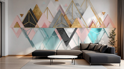 Design ZX0520 — Papier peint Triangles rose marbre dore montagne 3D — Novomur