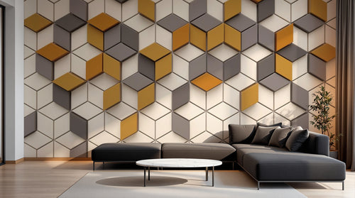 Design ZX0554 — Papier peint Hexagones jaune gris 3D mid-century — Novomur