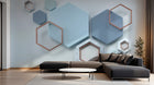 Design ZX0565 — Papier peint Hexagones bleu marbre cuivre fond blanc — Novomur