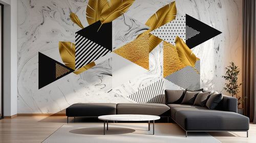 Design ZX0566 — Papier peint Triangles dores plumes patterns marbre — Novomur