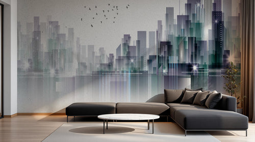 Design ZX0759 — Papier peint Skyline gratte-ciel reflet eau oiseaux — Novomur